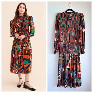 FARM Rio Tropical Shapes Multicolour Smocked Long Sleeve Midi Dress Size XL
